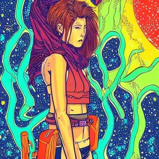 Prompt: Female backpacker exploring an exotic alien landscape, bold unique colours, heavy lines, detailed, intricate, manga