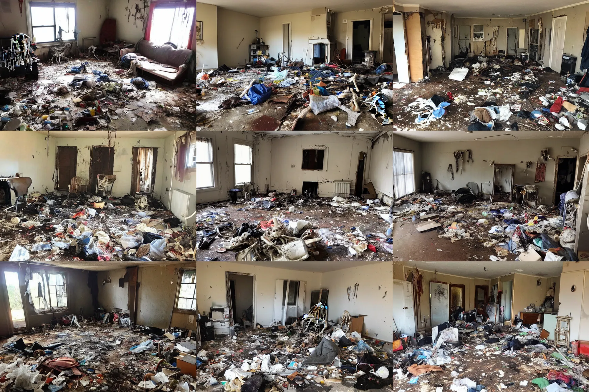 Prompt: real estate photograph of a filthy loungeroom, trash on the floor, broken windows, broken lights, skeletons and bones on the floor