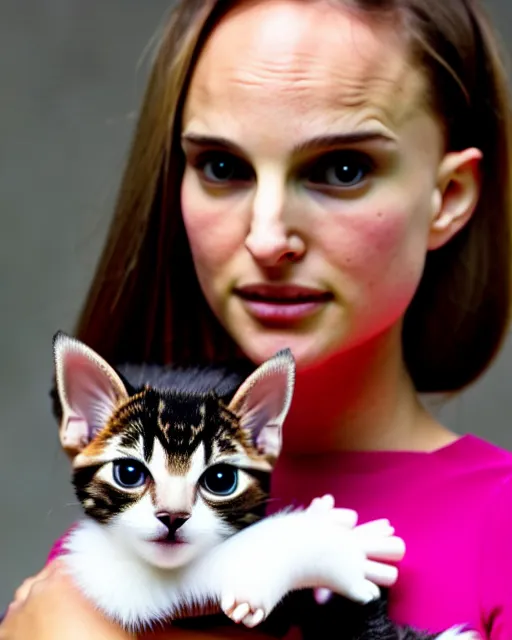 Prompt: a girl looking like natalie portman, holding a robotic kitten. 8k, sharp high quality