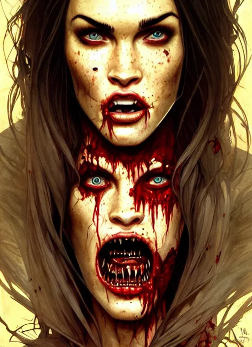 Image similar to portrait of megan fox as bloodthirsty damaged toothsome zombie, once upon a time, open mouth with sharp bloody teeth, intricate, headshot, highly detailed, digital painting, artstation, concept art, sharp focus, cinematic lighting, illustration, art by artgerm and greg rutkowski, alphonse mucha, cgsociety