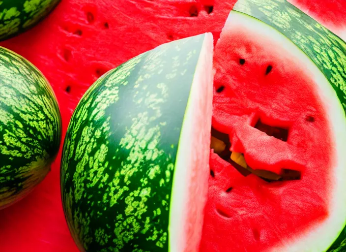 Image similar to photo still of a watermelon with human teeth, 8 k, studio lighting bright ambient lighting key light, 8 5 mm f 1. 8