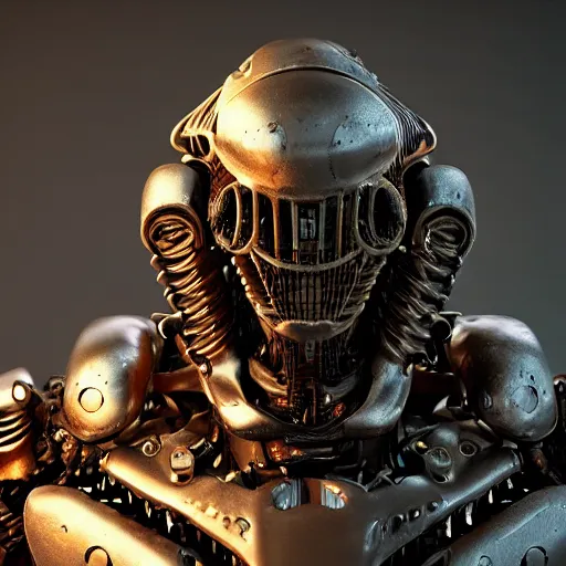 Image similar to a biomechanical knight, half machine half human, biopunk, DOOM inspired, realistic octane render, high detail