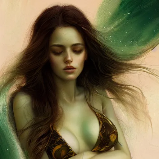 Image similar to beautiful lady klaudia with long gold hair wearing shiny green bikini, sunbathing on a beach of paradise, intricate, elegant, digital painting, soft, focus, edge light, charlie bowater, tom bagshaw, greg rutkowski