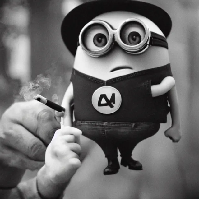 Prompt: still image of a minion smoking a cigarette and holding a revolver, black and white film, 3 5 mm film, noir, cinematic