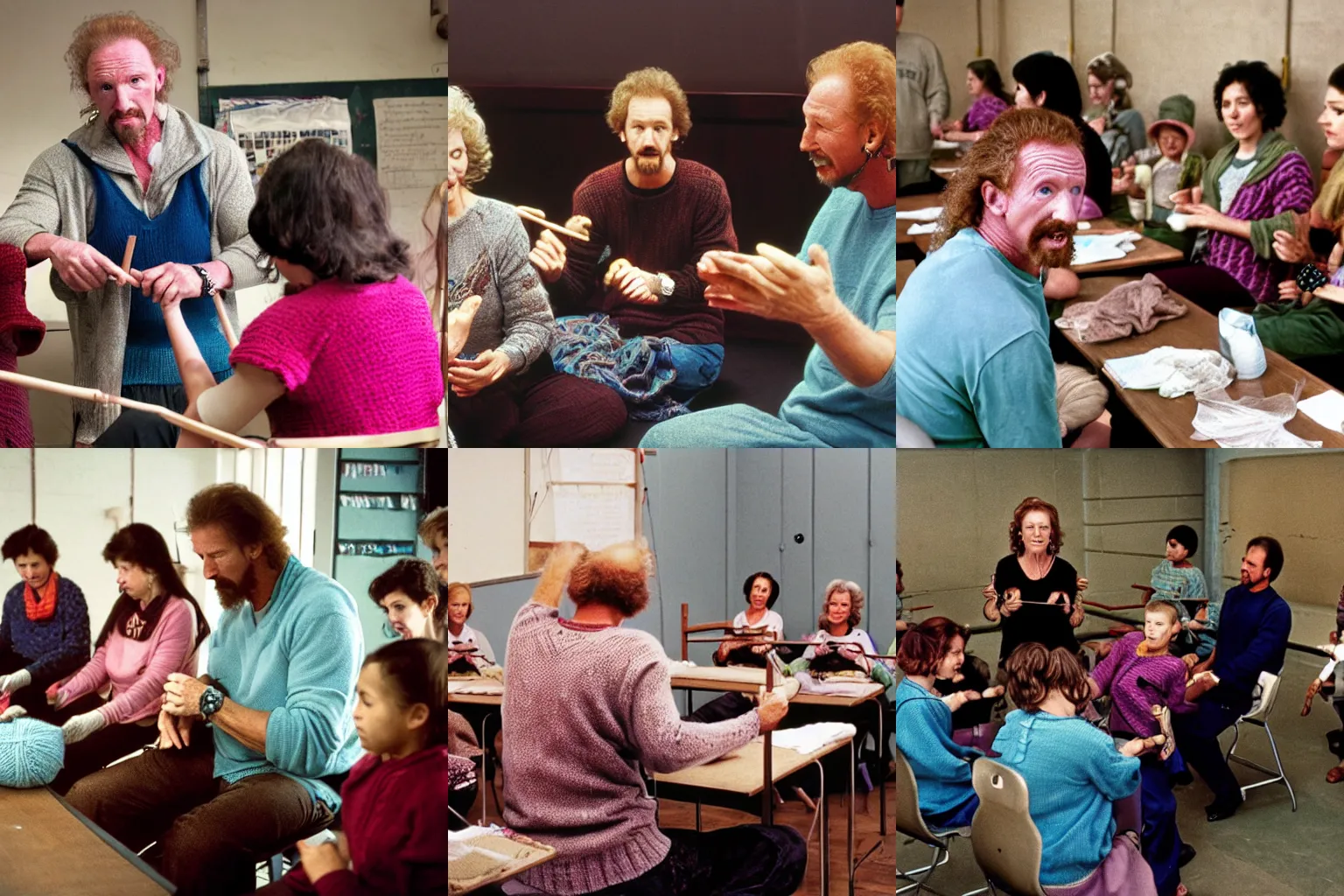 Prompt: Diamond Dallas Page teaching a knitting class. photo by Steve McCurry