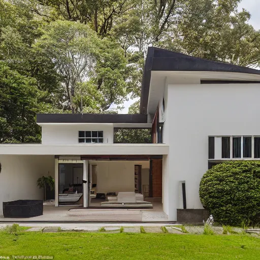 Image similar to A residential house built in a colonial style with a renovated usoian upper floor, a brutalist sunroom on the right hand side, and a bauhaus roof line. well lit from the inside, Real estate photography