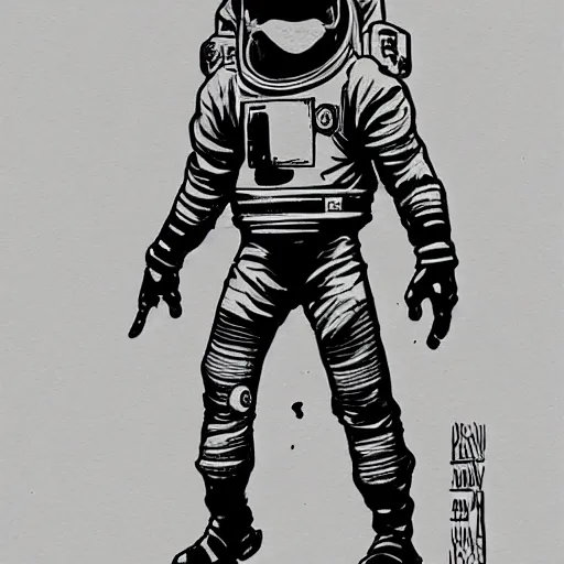 Image similar to character concept art, manga drawing, astronaut, sci fi!!!!, pen and ink illustration, mike mignola, trending on artstation