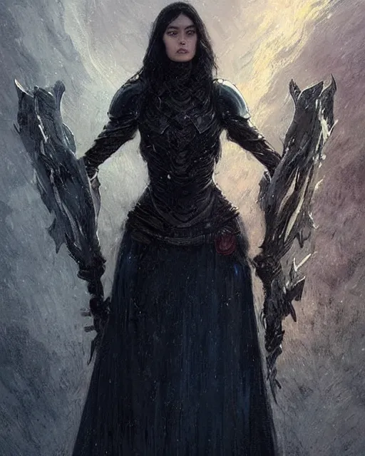 Image similar to a beautiful woman dark hair in an armor with dark eyes, elegant, dark blue, ethereal horror fantasy art by greg rutkowski and magali villeneuve and claude monet