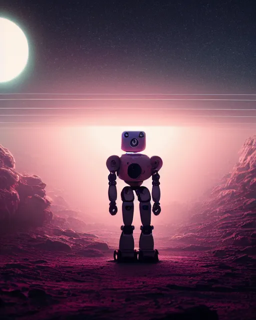 Image similar to a robot standing in front of a glowy open door that's on a barren moon, poster art by mike winkelmann, trending on cg society, space art, sci - fi, ue 5, futuristic, volumetric lighting, light casting onto the ground, neat composition and camera angle