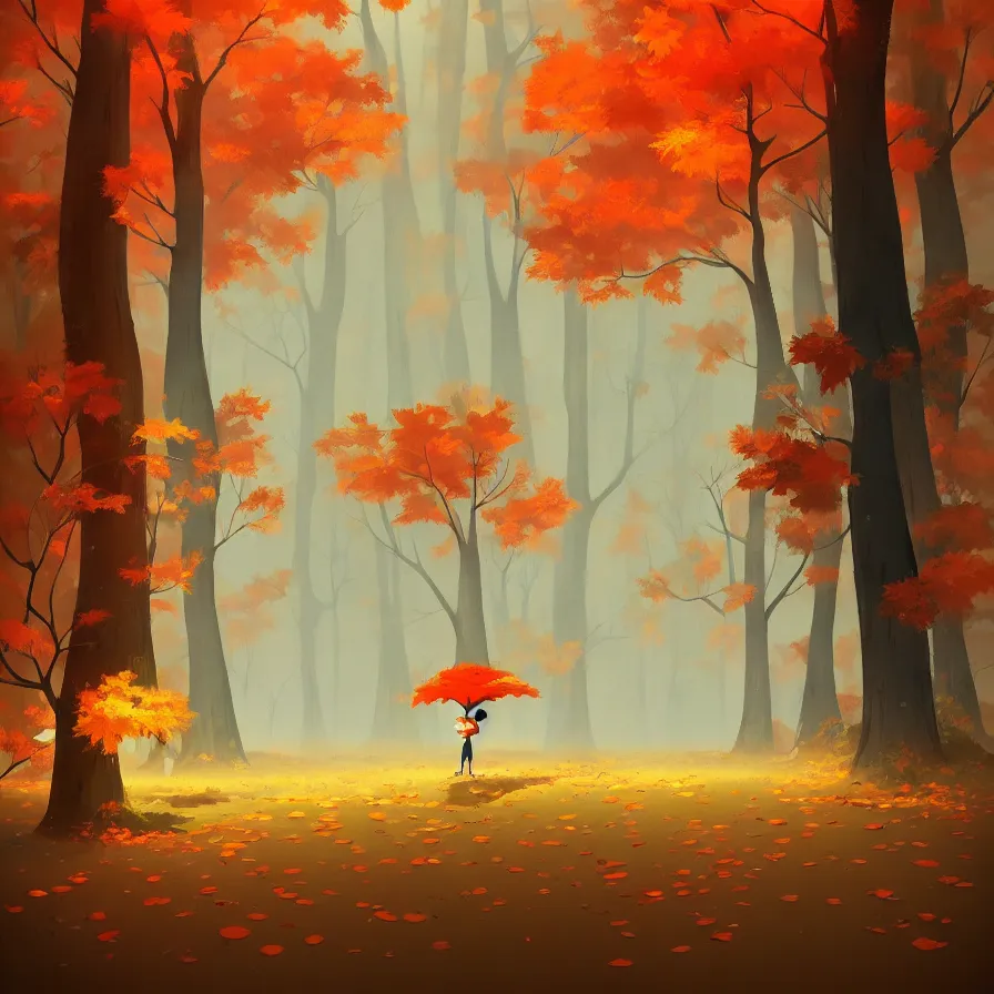 Prompt: goro fujita ilustration a forest full of leaves on the ground, tall autumn trees that let in small streaks of light to the ground, painting by goro fujita, sharp focus, highly detailed, artstation