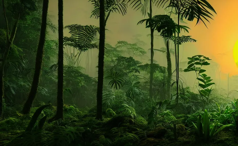 Prompt: a beautiful render of a prehistoric rainforest, lush flora, dark green, orange, intricate detail, sunset, hazy, volumetric lighting, 8 k, photorealistic, raytracing effects, unreal engine 5