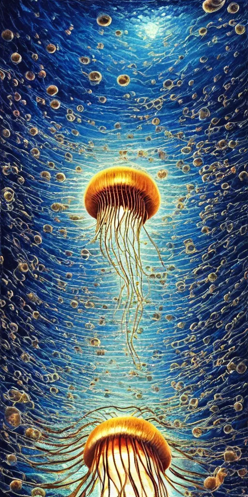 Image similar to a thousand little jellyfish flying through the sky!!! different realm, cinematic, dark fantasy, acrylic palette knife, high detail, hyper realism, ray tracing, 4 k resolution, 8 k resolution, full hd, neon, realistic painting by junji ito, laurie lipton and michael whelan, salvador dali