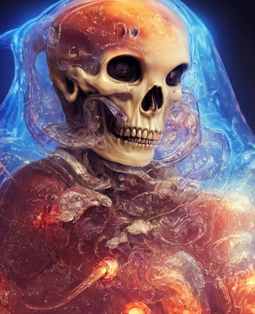 Image similar to close-up macro portrait of the face of a beautiful princess rotten skull in a spaceman suit, epic angle and pose, symmetrical artwork, 3d with depth of field, blurred background, cybernetic jellyfish female face skull phoenix bird, translucent, nautilus, energy flows of water and fire. a highly detailed epic cinematic concept art CG render. made in Maya, Blender and Photoshop, octane render, excellent composition, cinematic dystopian brutalist atmosphere, dynamic dramatic cinematic lighting, aesthetic, very inspirational, arthouse. y Greg Rutkowski, Ilya Kuvshinov, WLOP, Stanley Artgerm Lau, Ruan Jia and Fenghua Zhong