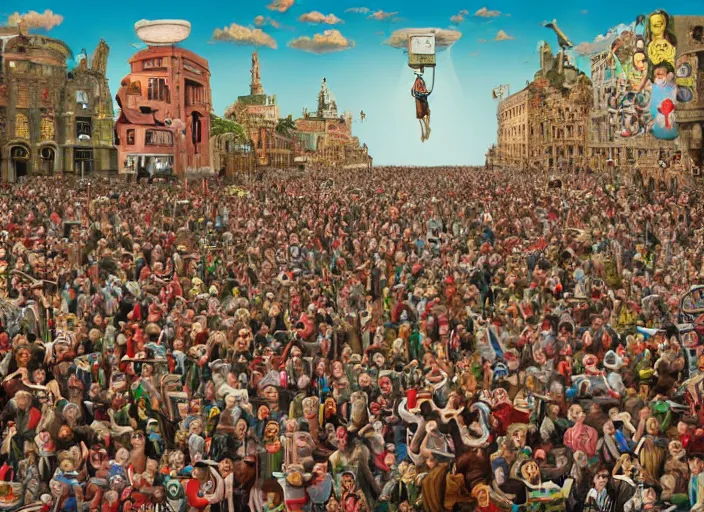 Prompt: where's waldo, lowbrow, matte painting, 3 - d highly detailed, in the style of mark ryden, salvador dali