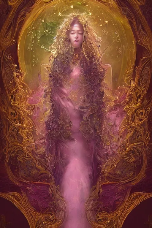 Image similar to elaborately hyperdetailed illustration of an extremely beautiful regal witch, eerie mist and ethereal pink bubbles, Aetherpunk, atmospheric lighting, high fantasy professionally painted digital art painting, smooth, sharp focus, highly detailed illustration highlights, backlight, golden ratio, 8K detail post-processing, symmetrical facial features, rich deep moody colors, award winning picture, Daily Deviation on DeviantArt, trending on cgsociety, featured on ArtstationHQ, very coherent symmetrical artwork, concept art
