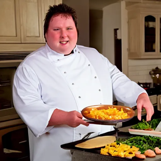 Image similar to fat catholic priest cooking show still