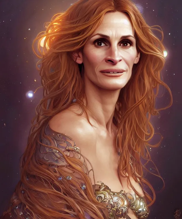 Image similar to Julia Roberts as a fantasy magic woman portrait, sci-fi, amber eyes, face, long hair, fantasy, intricate, elegant, highly detailed, digital painting, artstation, concept art, smooth, sharp focus, illustration, art by artgerm and greg rutkowski and alphonse mucha