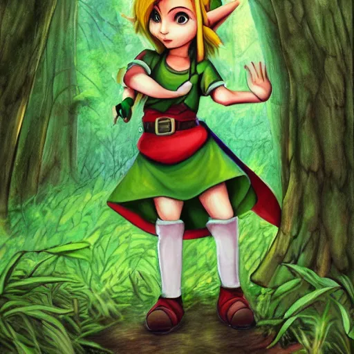 Prompt: illustration saria from ocarina of time in forest