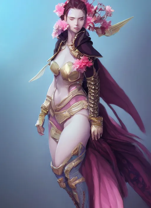 Image similar to female wyvern, wide angle view, flowers, blue black pink, gold, diamonds, highly detailed, artgerm, cushart krenz, artstation, soft light, sharp focus, illustration, character design, concept art