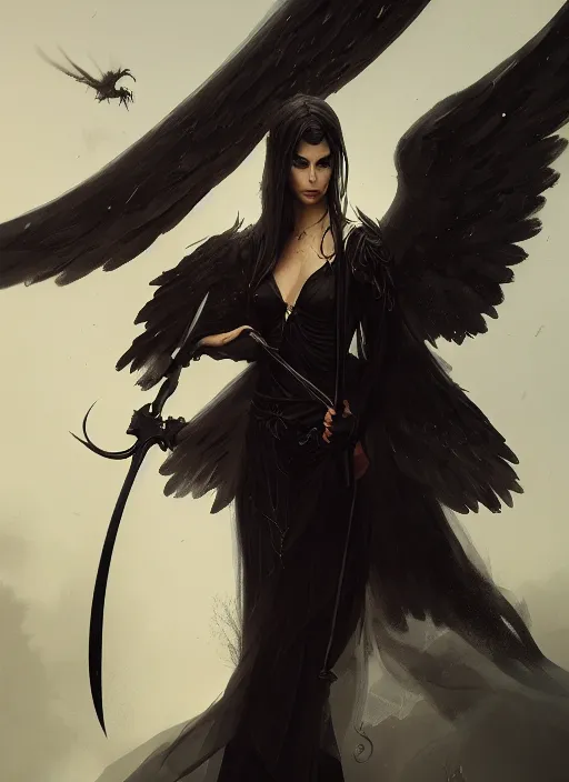 Prompt: a portrait of a beautiful angel of death with black wings holding a large scythe by marco bucci and greg rutkowski, sharp focus, very detailed, cinematic, closeup, trending on artstation, 4 k