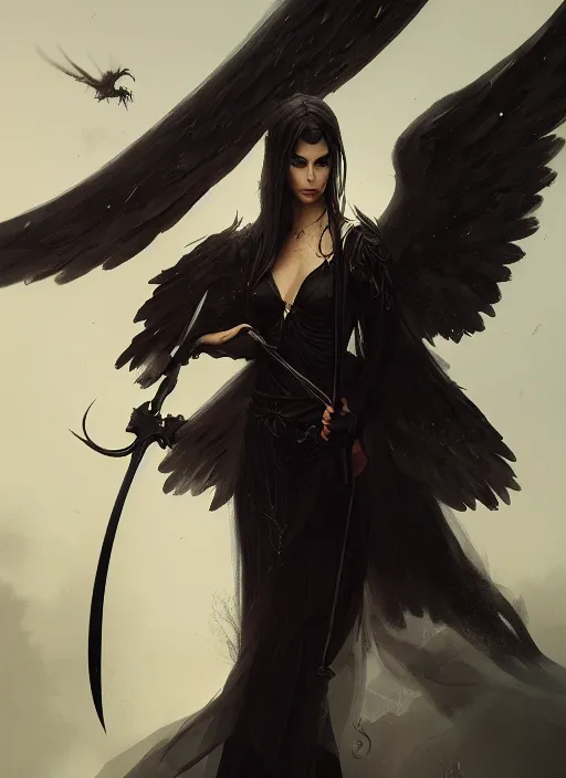 Image similar to a portrait of a beautiful angel of death with black wings holding a large scythe by marco bucci and greg rutkowski, sharp focus, very detailed, cinematic, closeup, trending on artstation, 4 k