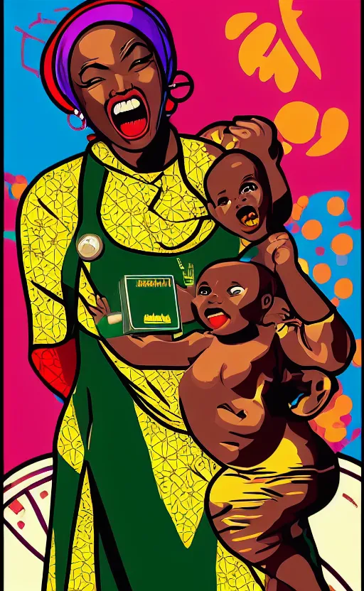 Image similar to mama africa laugh at her child!!! pop art, pixel, bioshock, gta chinatown, artgerm, richard hamilton, mimmo rottela, julian opie, aya takano, ultra realistic visual!!!