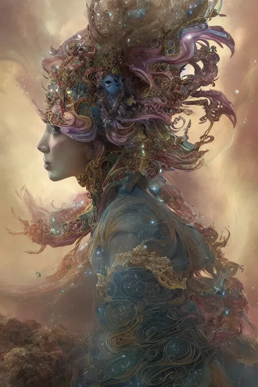 Prompt: mysterious detailed cgi matte painting of a tinashet the space empress of the andromeda, by ellen jewett, alessio albi | symmetrical features, kawaii, photorealism, stunning, ornate, royally decorated, organic, growth, whirling gasses, glowing particles, refractive adornments, colorful torn nebulas, radiant vibrant colors