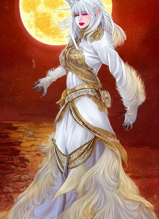 Image similar to commissioned full body portrait of a female anthro werewolf princess fursona with white hair wearing a white and gold Chinese armored dress in a white and gold palace on a starry night with a large crescent moon, by a professional manga illustrator, Stanley Artgerm Lau, WLOP, Rossdraws, James Jean, Andrei Riabovitchev, Marc Simonetti, and Sakimichan, trending on artstation