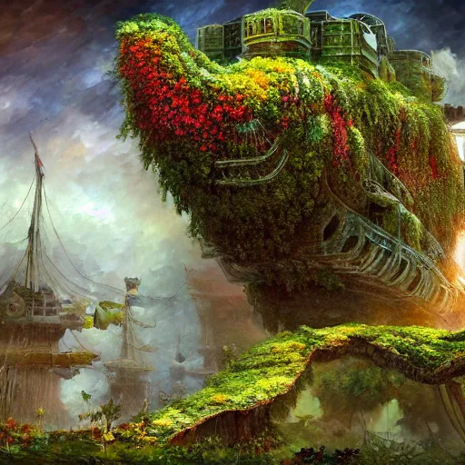 Image similar to overgrown flower covered mossy battleship cryengine render by android jones, james christensen, rob gonsalves, leonid afremov and tim white