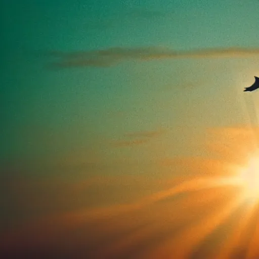 Prompt: Close-up realistic shot of a radiant white dove flying over the clouds at sunset, ethereal, vintage photograph, film grain, surreal, awe-inspiring, highly detailed, teal and orange color scheme