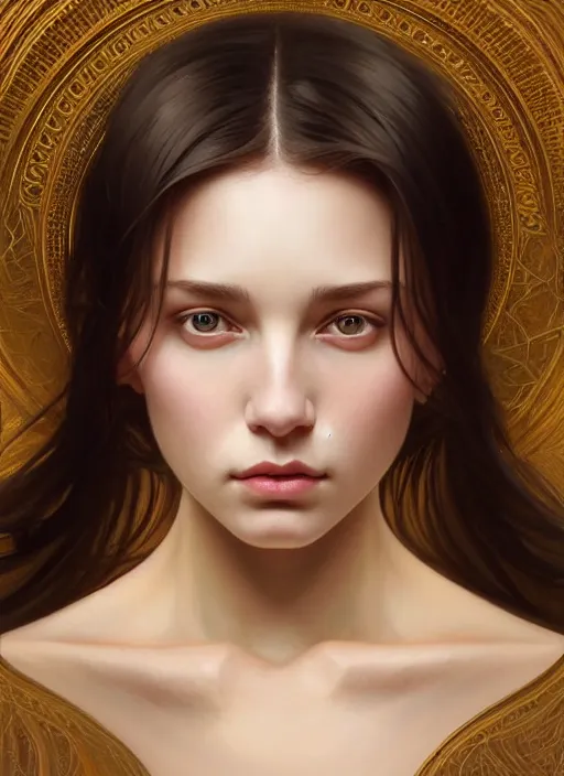 Image similar to symmetry!! portrait of young woman cursed with ever - increasing physical and mental perfection, slice - of - life, realism, golden ratio face proportions!! intricate, elegant, highly detailed, perfect face!! digital painting, artstation, concept art, smooth, sharp focus, illustration, art by artgerm and greg rutkowski and alphonse mucha