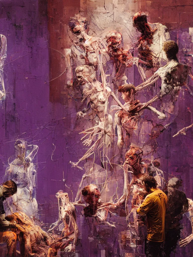 Image similar to a beautiful glitched painting by robert proch of people looking at an anatomy study of the human nervous system in a museum gallery, color bleeding, pixel sorting, copper oxide and rust materials, brushstrokes by jeremy mann, cold top lighting, textured palette knife pastel purple background