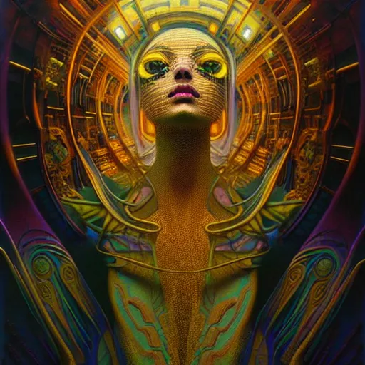 Image similar to extremely psychedelic beautiful brutalist cyborg organism infected by night. intricate, elegant, highly detailed, extremely lifelike photorealistic digital painting, artstation. steichen, gaston bussiere, tom bagshaw, brutalist cyberpunk alphonse mucha. elegant minimalism. anatomically correct. sharp focus. gold with white accents. surreal lush cosmic hallucination