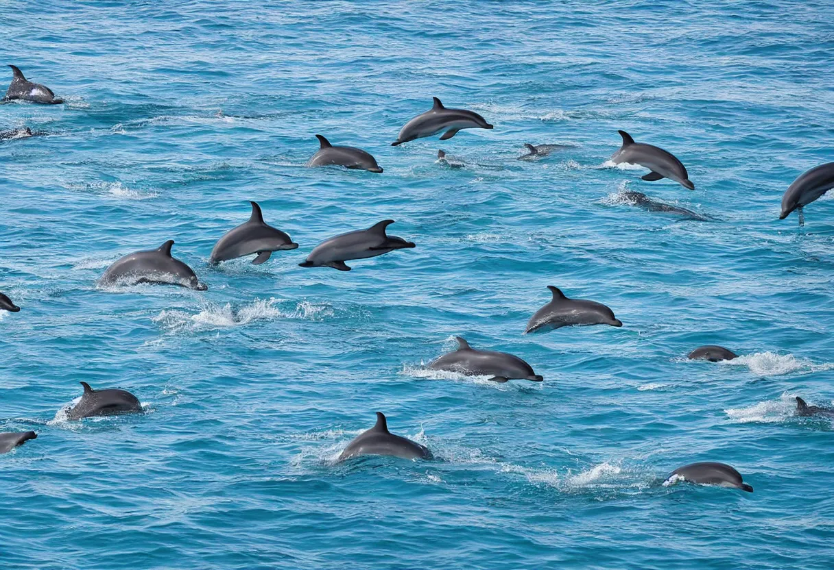 Prompt: pod of dolphins swimming through the sky over a desert, stunning photograph