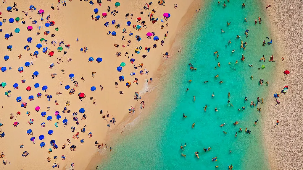 Image similar to photograph beachscapes satellite view imagery, Aerial view of beautiful sandy beach with hundreds of umbrellas and sea, Aerial of a crowded sandy beach with colourful 1970s umbrellas sun bathers and swimmers during summer, golden sand and clear blue sea, by Tommy Clarke and Joshua Jensen-Nagle