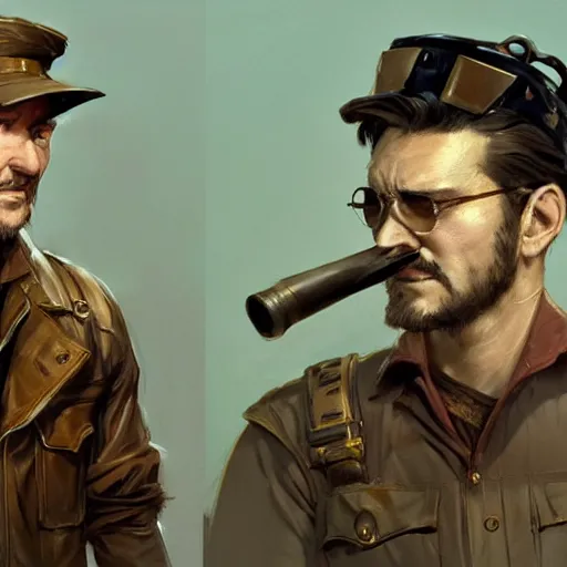 Image similar to a highly detailed epic cinematic concept art CG render digital painting artwork costume design: Errol Flynn as a 1950s sly army mechanic engineer with a thick stubble. By Greg Rutkowski, Ilya Kuvshinov, WLOP, Stanley Artgerm Lau, Ruan Jia and Fenghua Zhong, trending on ArtStation, subtle muted cinematic colors, made in Maya, Blender and Photoshop, octane render, excellent composition, cinematic atmosphere, dynamic dramatic cinematic lighting, aesthetic, very inspirational, arthouse