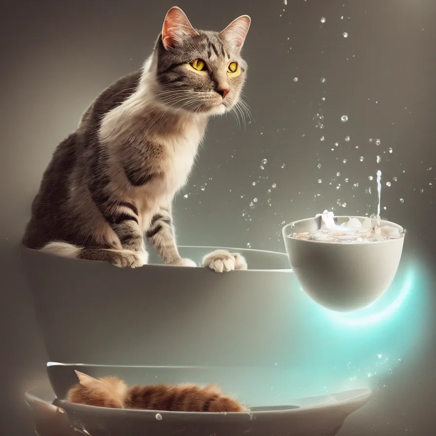 Prompt: an photo of a cat swimming in a bowl of milk, moody lighting, lens flare, atmosphere, glow, detailed, intricate, full of colour, cinematic lighting, trending on artstation, 4 k, hyperrealistic, focused, extreme details, unreal engine 5, cinematic, masterpiece