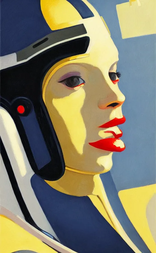 Image similar to Portrait of a woman astronaut with helmet and black latex suit, very coherent, painted by Edward Hopper, painted by James Gilleard, airbrush, art by JamesJean