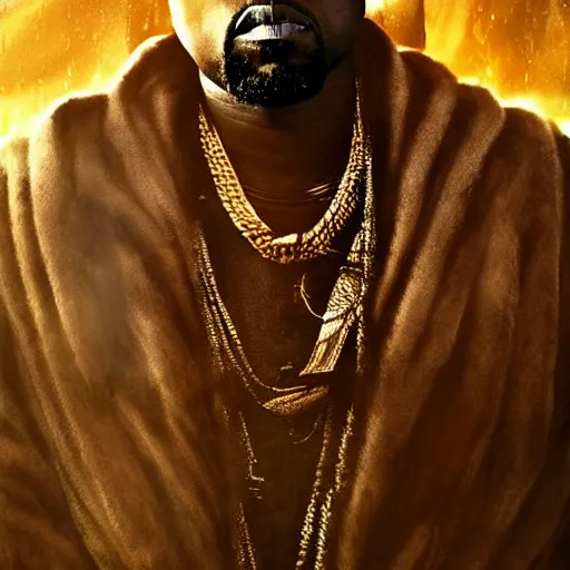 Image similar to Portrait of Kanye West as the god-emperor of mankind, amazing splashscreen artwork, splash art, natural light, elegant, intricate, fantasy, atmospheric lighting, cinematic, matte painting