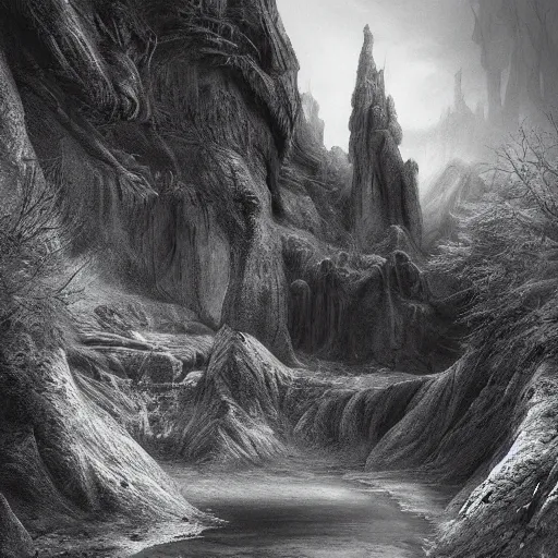 Prompt: michal karcz charcoal drawing of a beautiful landscape. , horror theme, detailed, elegant, intricate, 4k,