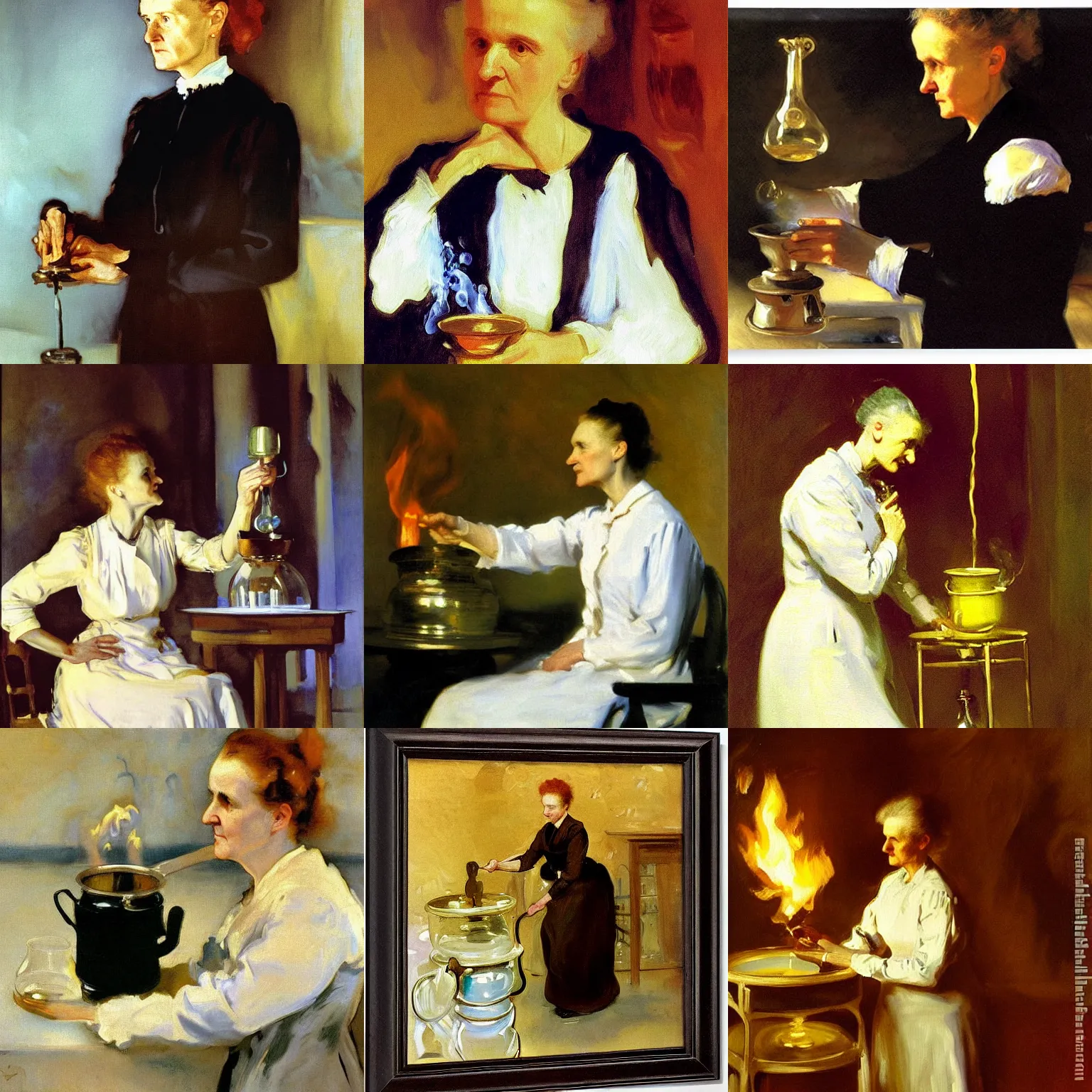 Prompt: marie curie boiling water in a beaker over a flame, john singer sargent, detailed oil on canvas painting