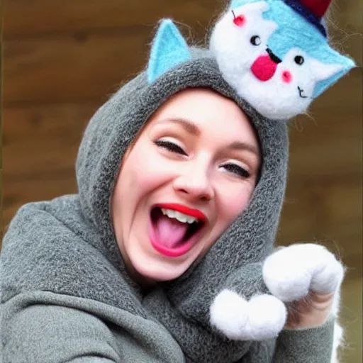 Image similar to cute cat photo licking tongue sticking out, wearing wool hat cat ears