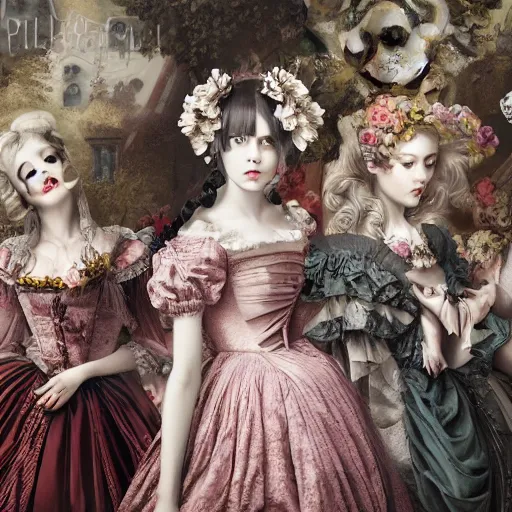 Image similar to 8k, realism, octane render, renaissance, rococo, baroque, group of creepy young ladies wearing renaissance long harajuku manga dress with flowers and skulls, background chaotic flowers