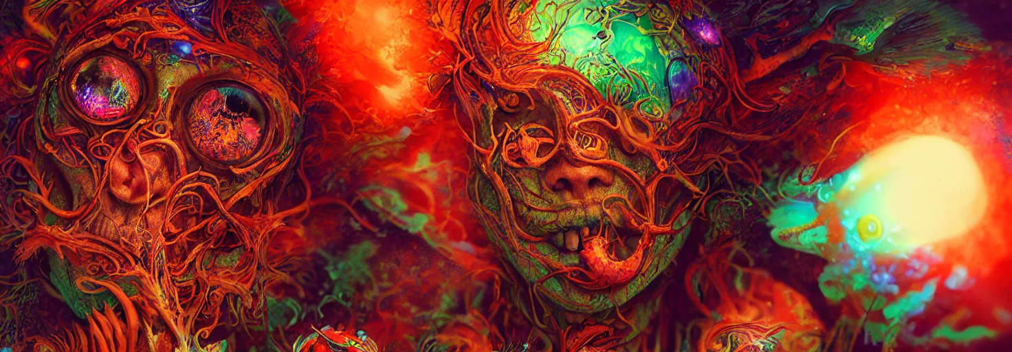 Image similar to psychedelic shaman close-up portrait. amanita muscaria phoenix head, nautilus, insect, skull, ice and fire, bioluminiscent creatures, intricate artwork by Tooth Wu and wlop and beeple. octane render, trending on artstation, greg rutkowski very coherent symmetrical artwork. cinematic, hyper realism, high detail, octane render, 8k