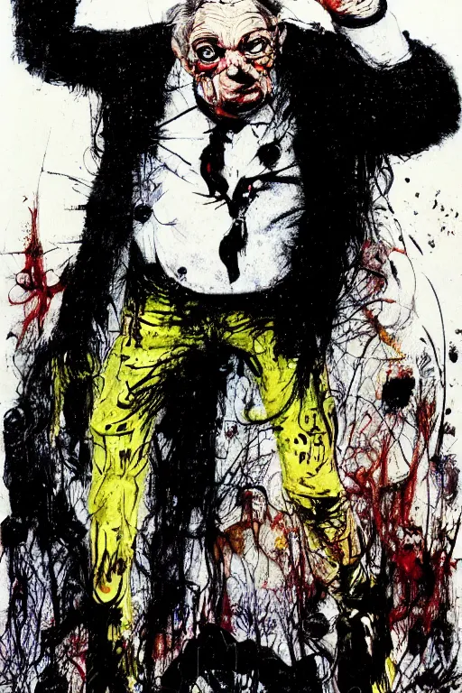 Image similar to George Soros full body shot, Body horror, biopunk, by Ralph Steadman, Francis Bacon, Hunter S Thompson