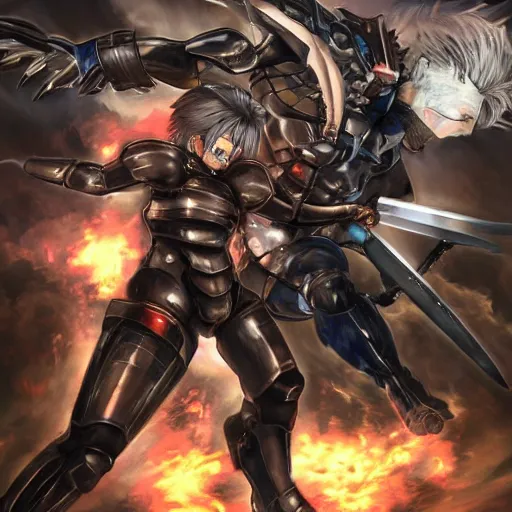 Image similar to senator armstrong from metal gear rising revengance fighting astolfo from fate grand order, oil painting, hyper detailed