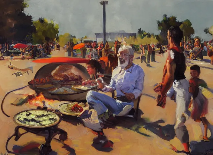 Image similar to a highly detailed beautiful portrait of a bibi nethanyahu protesting against eating animals while people doing bbq, by gregory manchess, james gurney, james jean