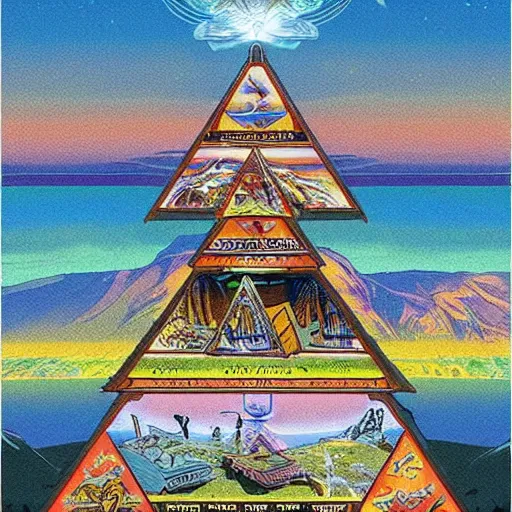 Image similar to flaming tall iridescent village pyramid puffin cove phantasm casket, by george lucas and mikhail larionov and dan mumford, 2 0 megapixels, tarot card, tilt shift