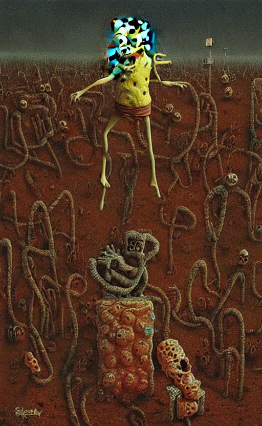 Image similar to spongebob squarepants in style of zdzisław beksinski, standing in wasteland, horror art, creepy, desolate