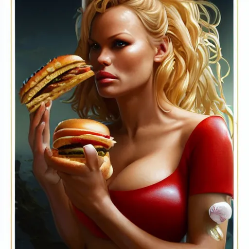 Image similar to portrait of Pamela Anderson eating hamburgers, extra onions and ketchup, luscious patty with sesame seeds, feminine ethereal, handsome, D&D, fantasy, intricate, elegant, highly detailed, digital painting, artstation, concept art, matte, sharp focus, illustration, art by Artgerm and Greg Rutkowski and Alphonse Mucha